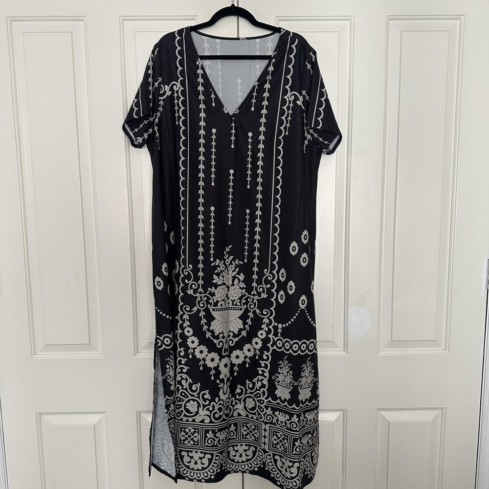 Shein Curve Dress Womens 2XL Black Floral Kaftan Maxi V Neck Boho Side Slits